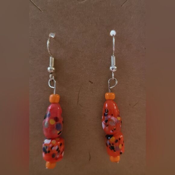 Orange with Multicolor Glass Bead Silver Toned Fish Hook Earrings J1-21 - Picture 1 of 4